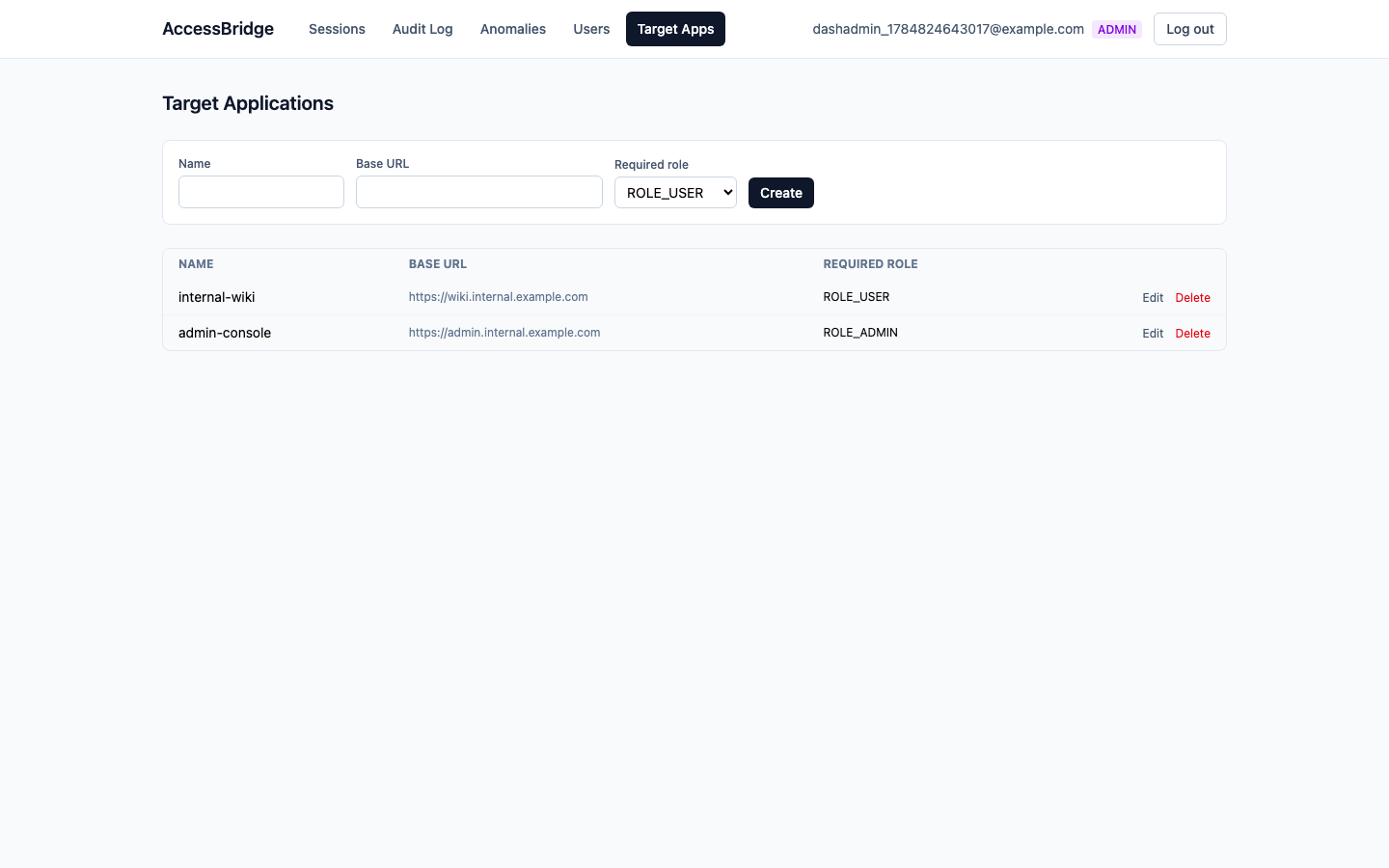 Target Applications admin view listing internal-wiki and admin-console
