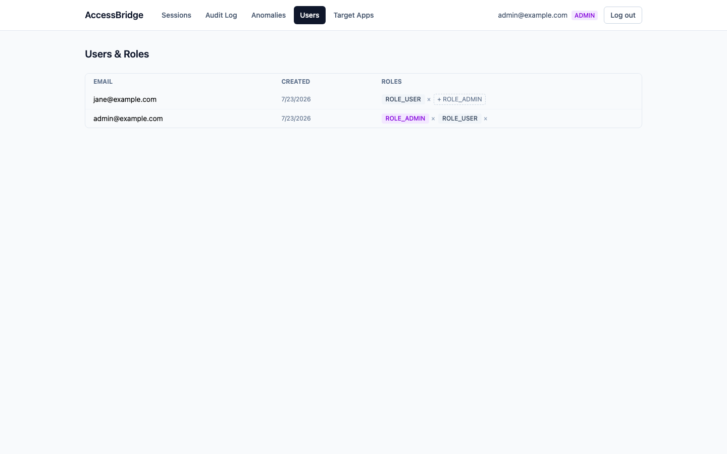 Users and Roles admin view showing role badges and role assignment controls